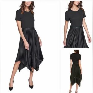 NWT. Karl Lagerfeld Monogramed Mixed-Media Pleated Midi Dress